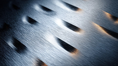 Textured metal shows unique patterns and reflections, showcasing the play of light and shadow.の素材
