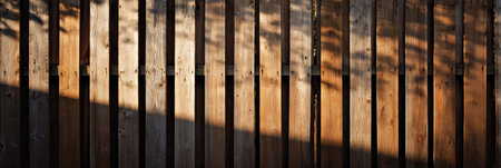 Sunlight casts shadows on a wooden fence, highlighting the colors and textures of the planks during evening time.の素材