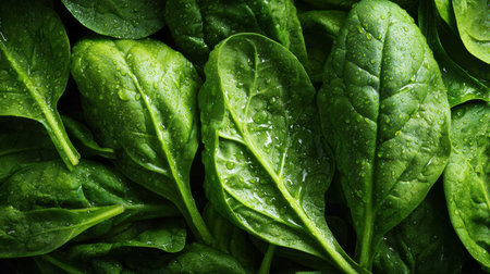 Lush green spinach leaves are closely packed, with water droplets enhancing their freshness against a dark backdrop.の素材