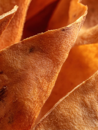 A close-up shows the intricate texture of orange-brown petals, beautifully illuminated to highlight their design.の素材