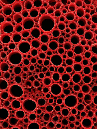 A bold red surface features various circular openings, creating a captivating visual effect.の素材