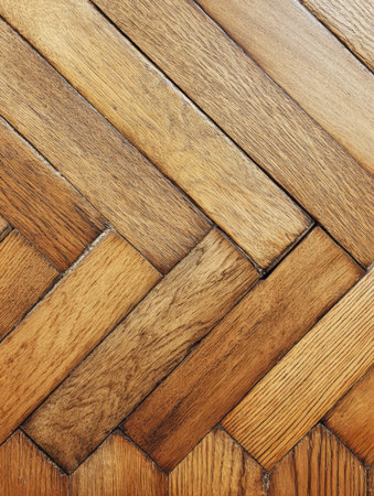 A close-up of a wooden herringbone floor features rich textures and warm hues for a cozy feel.の素材