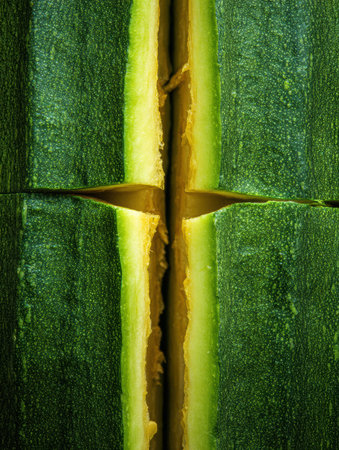 Freshly cut zucchini reveals rich green skin and yellow flesh, bringing out the vegetables natural colors and textures.の素材