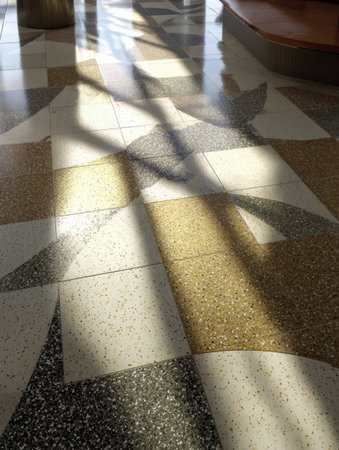 Sunlight creates shadows on a vibrant patterned floor, highlighting different shapes and textures indoors.の素材