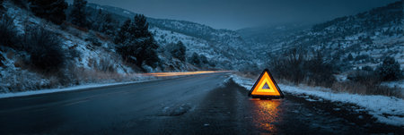 A bright warning triangle stands on a snowy mountain road at twilight, surrounded by a serene, icy landscape.の素材