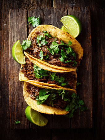 Three tasty street tacos with tender meat and cilantro on a rustic board, served with limes.の素材