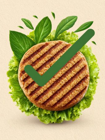 A tasty plant-based burger sits on crisp lettuce, surrounded by vibrant green leaves, showing a healthy meal option.の素材