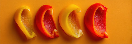 Bell pepper slices in red, yellow, and orange lined up on a yellow background highlight their freshness and vibrancy.の素材