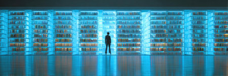 A person stands in awe in a neon-lit library, surrounded by rows of illuminated shelves filled with books.の素材