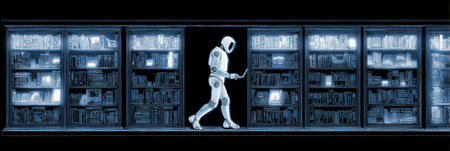 A curious figure in a sleek suit walks through a library lined with glowing shelves and books under a dark sky.の素材