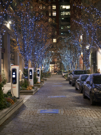 The street glows with blue lights on trees, featuring electric car chargers and nearby parked cars.の素材