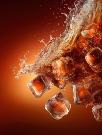 Dark liquid splashes over ice cubes, offering a refreshing vibe against a warm backdrop.の素材