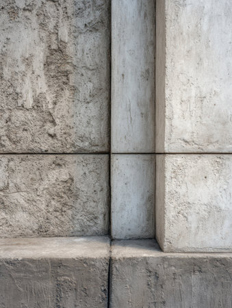 Textured concrete surfaces intersect, creating geometric patterns with natural light highlighting the details.の素材