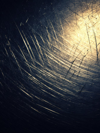 Close-up view of a scratched metal surface showing intricate patterns and reflections of light in warm tones.の素材