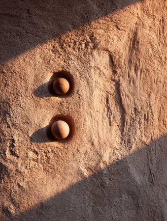 Clay spheres are placed on a warm, textured wall with gentle sunlight casting shadows, creating a calming atmosphere.の素材