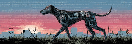 A robotic dog walks gracefully through a field as the sun sets, showing the fusion of nature and advanced technology.の素材