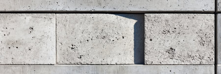 Close-up view of a textured concrete wall showing unique block patterns and surface imperfections in clear light.の素材