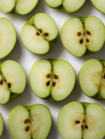 Green apple halves display their juicy interior and distinctive seeds, arranged to highlight freshness and quality.の素材