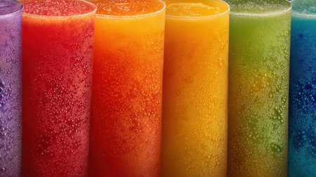 Bright fruit juices of various vibrant colors create a lively display with bubbles forming on the surface.の素材