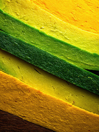 Stacked layers of green and yellow squash showcase their natural colors on a wooden surface.の素材
