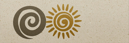 Graphic design featuring a swirling pattern and a sun symbol, showing a fusion of natures elements and warmth.の素材