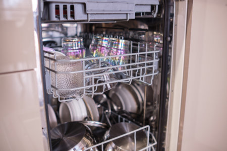 Dishes, glasses, and pots are neatly arranged inside a clean, modern dishwasher in a well-lit...