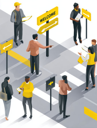 Groups of people are gathered at a welcome event, engaging in various activities and discussions near directional signs.の素材