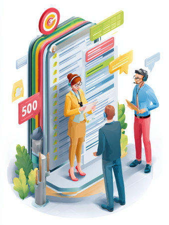 Three business professionals converse in a contemporary office with an interactive display showing information and notifications.の素材