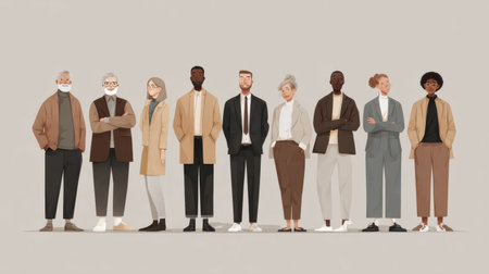 A diverse group of people stands confidently in smart casual outfits, showing a range of styles and skin tones in a neutral setting.の素材