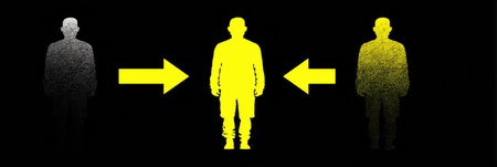 Three figures display a transformation sequence, progressing from shadows to a full-color figure, illustrating growth and development.の素材