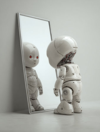 A humanoid robot stands in front of a mirror, observing its own reflection with curiosity in a minimalistic setting.の素材