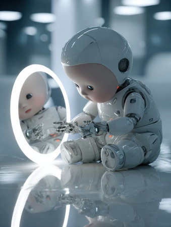 A small robot baby examines its reflection in a glowing circle while seated in a modern environment filled with lightsの素材