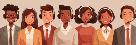 A cheerful group of diverse customer support agents stands together in a friendly environment, showing teamwork and readiness to help.の素材