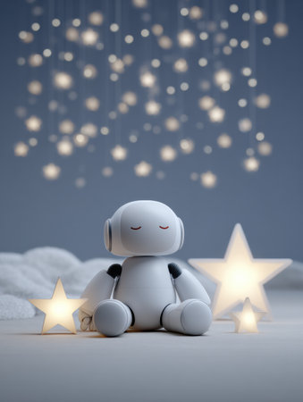 A cute robot toy is surrounded by shining stars against a tranquil backdrop, creating a peaceful and magical nighttime scene.の素材