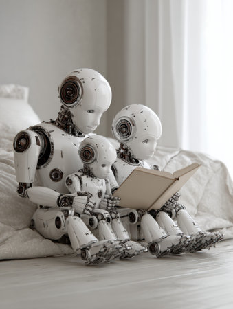 Three humanoid robots share a quiet moment, reading a storybook in a bright, serene room filled with soft light.の素材