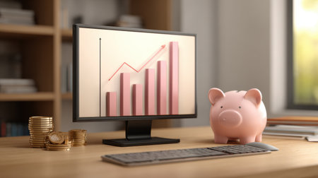 A desktop monitor shows a rising financial graph next to a piggy bank and stacks of coins on a wooden table.の素材