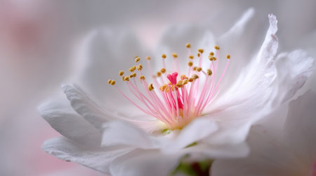 Soft pink petals of a cherry blossom flower reveal intricate stamen, illustrating the beauty of springtime nature.の素材