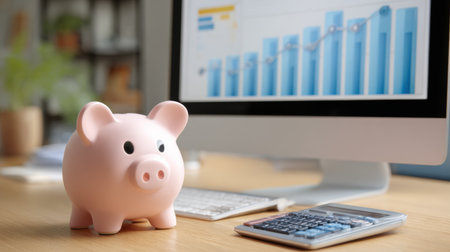 A pink piggy bank sits next to a calculator and a computer monitor displaying upward financial graphs in a bright office.の素材