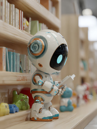 A robot beside shelves of toys interacts in a bright, cheerful setting, encouraging curiosity and learning.の素材