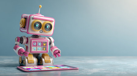 A charming robot engages with a tablet, highlighting the blend of technology and play in a contemporary environment.の素材