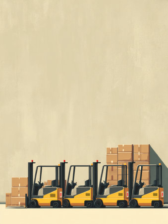 Yellow forklifts stand ready as they align next to neatly stacked boxes in a clean warehouse environment.の素材