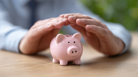 Hands carefully shield a piggy bank, symbolizing the importance of saving and financial protection in a calm environment.の素材
