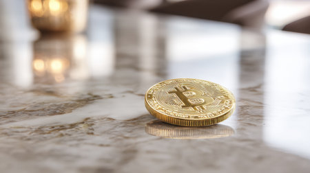 A shiny gold Bitcoin lies on a smooth marble surface, reflecting warm light and suggesting a modern financial theme.の素材