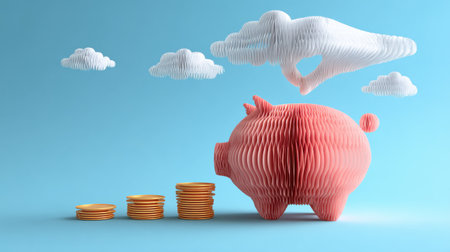 A pink piggy bank surrounded by gold coins and whimsical clouds against a blue sky symbolizes savings.の素材