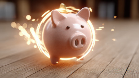 A charming piggy bank sits on a wooden floor, illuminated by a swirl of sparkling light, capturing a sense of joy and savings.の素材