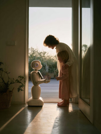 A woman and a young girl share a moment with a robot at sunset, highlighting family bonds and technologies role in everyday life.の素材