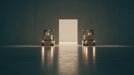 Two forklifts carry stacked boxes toward a large opening in a minimalistic warehouse. Bright light floods the space.の素材