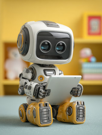 A cute robot with big eyes holds a tablet while sitting on a soft surface in a bright, playful room filled with toys and books.の素材
