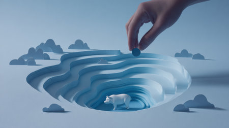 A hand places a coin above a polar bear in a layered blue paper landscape with clouds, depicting a metaphorical ocean environment.の素材