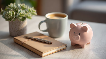 A cozy morning setup features a cup of coffee, a notebook with a pen, a piggy bank, and indoor plants on a light-colored table.の素材